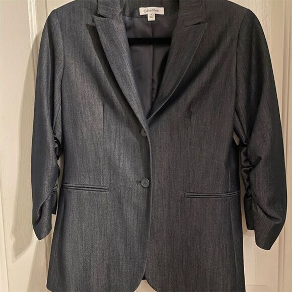 Calvin Klein Jackets & Blazers - Calvin Klein Women's Blue/Gray Blazer  Size 6 Two-Button 3/4 Sleeve